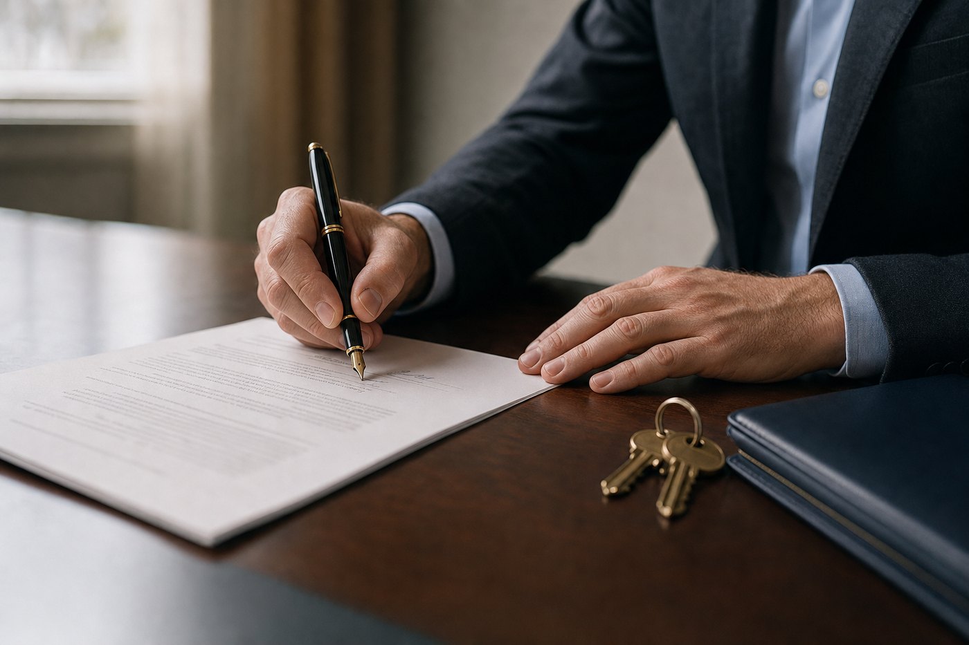 Signing a purchase contract at closing, keys on the table