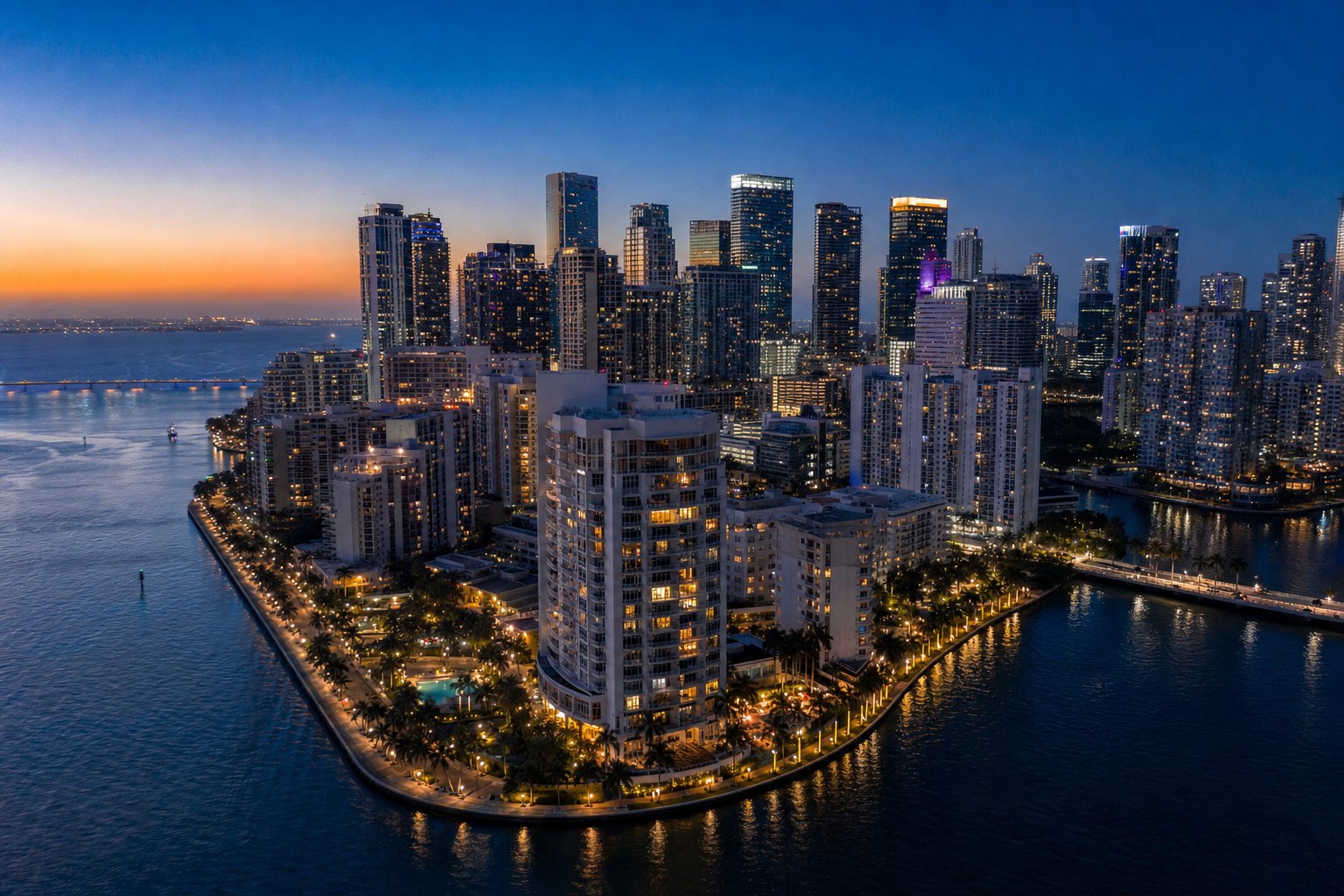 Aerial view of Brickell Key and the Miami skyline at dusk
